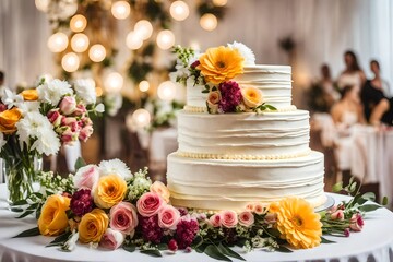 wedding cake with flowers, on table on light background in room interior - obrazy, fototapety, plakaty