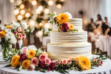 Fotobehang wedding cake with flowers, on table on light background in room interior © Hamza