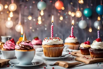 Best cup of cake and cakes of birthday, on table on light background in room interior