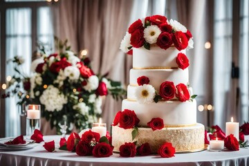 wedding cake with red and white flowers, on table on light background in room interior