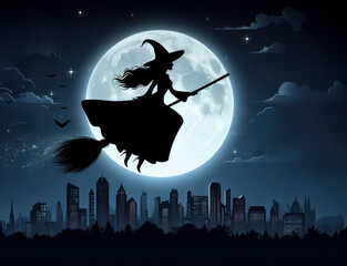 witch flying on a broom in the night, moon and city skyline as a background, Halloween background