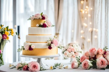 wedding cake and flowers, on table on light background in room interior