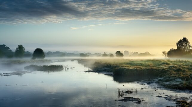 reflection nature river fog landscape illustration tree travel, forest view, sunrise sun reflection nature river fog landscape