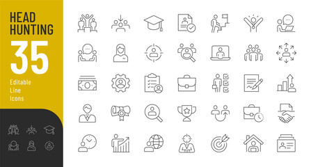 Head Hunting Line Editable Icons set. Vector illustration in thin line modern style of human resources related icons: job interview, candidates search, working conditions, and more. Isolated on white.