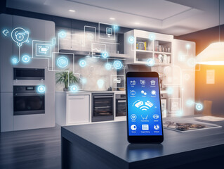 Smartphone with glowing screen and app icons for smart home. Smart technology concept. Rectangular.