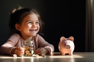 Child learns to save with his pink piggy bank. A prosperous future begins with small savings. Financial education, money savings and business financial banking concept. - obrazy, fototapety, plakaty