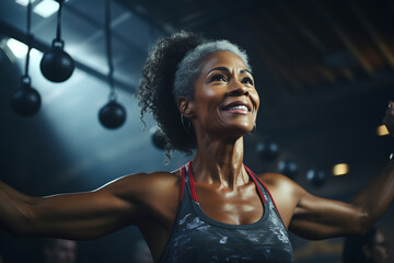 Portrait of a smiling african american woman exercising at gym. ia generated