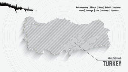 Turkey Earthquake concept on turkey map. Praying for Turkey. - obrazy, fototapety, plakaty