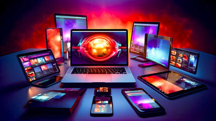 Laptop, phone, tablet, and other electronic devices on table.