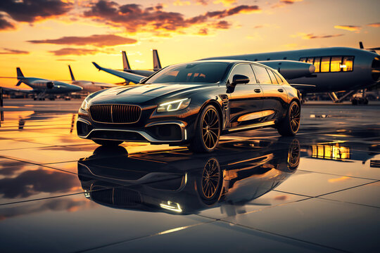 private airplane business jet and luxury car at airport at sunset
