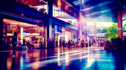 Group of people standing outside of building next to glass wall.