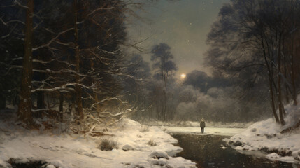 Gazing at the stars. Dreamy winter forest in the fog. Atmospheric mood.