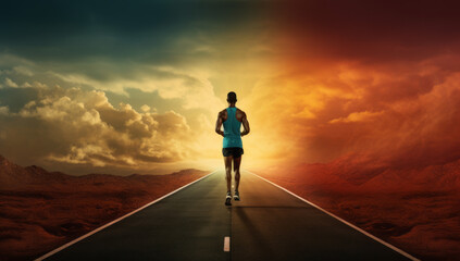 Fototapeta na wymiar male sportsman starting the race. Runner are running on road and mountain sunset background