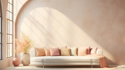 Obraz na płótnie Canvas Beige and pink sofa with terra cotta pillows against arched window near stucco wall with copy space.