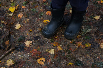 Close up of toddlers rain boots, ground with autumn yellow leaves 