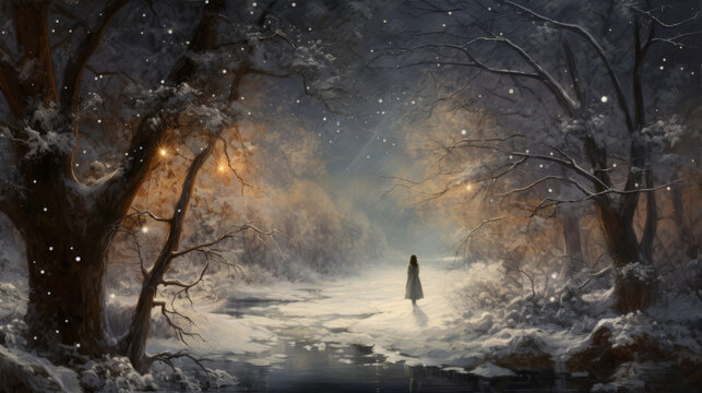 Gazing at the stars. Dreamy winter forest in the fog. Atmospheric mood.