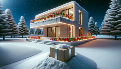 A gift box in a snow in front of Christmas decorated modern concrete house. Package delivery concept. New year celebration. Ai generative