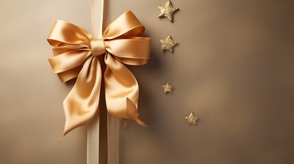 gold ribbon bow with christmas star hang tag - obrazy, fototapety, plakaty
