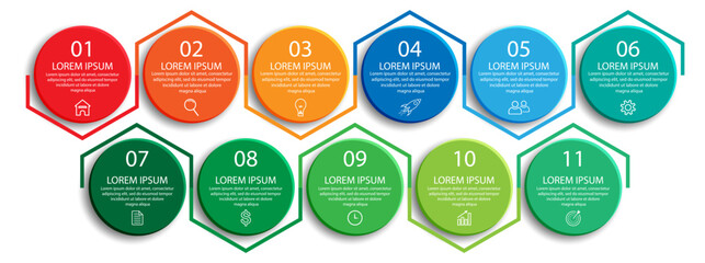 colorful infographic design, 11 step infographic with various interconnected colors, icons, symbols, numbers, text that match, good for your business presentation