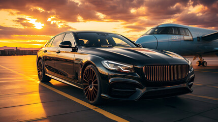 private airplane business jet and luxury car at airport at sunset - obrazy, fototapety, plakaty