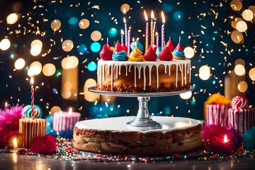 Birthday cake on a stand decorated with a sweets, sparklers on a backgrounds with lights bokeh