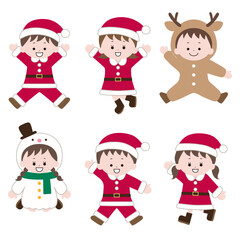クリスマスの衣装を着た子供のイラスト。 クリスマス、ベクター、サンタ クロース、男の子、女の子、ジャンプ