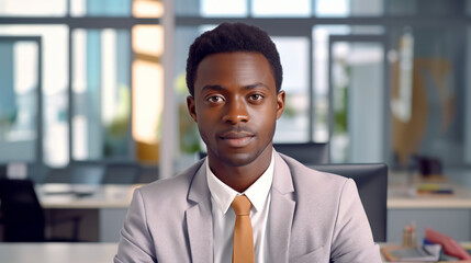 Portrait of Black Handsome Businessman in formal suit. Business and career success concept. Office background. Guy smiles and look at the camera. Ai generative.