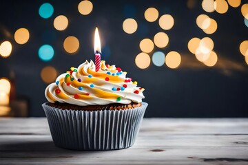 Birthday cupcake with candle on light grey table against blurred lights on table on light background in room interior - obrazy, fototapety, plakaty