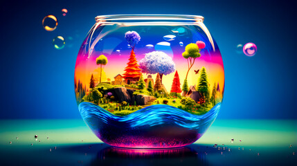 Fish bowl filled with water and small island in the middle of it. - Powered by Adobe
