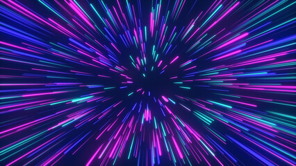 Abstract space travel in purple and blue neon glow colors