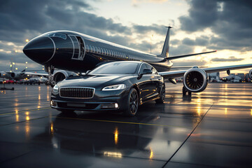 private plane business jet and luxury black car at airport