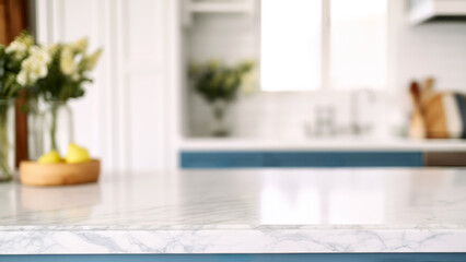 Closeup of white marble countertop in modern blue kitchen with blurred vase flower and lemon on plate background. High quality photo - obrazy, fototapety, plakaty