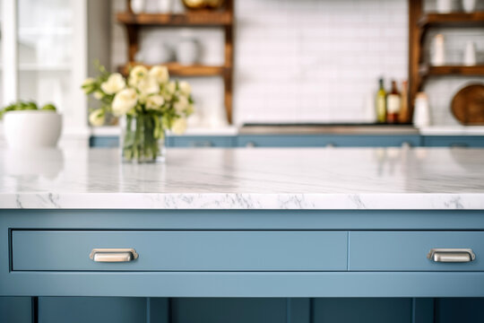 Close up of blue modern kitchen interior with white countertop and flower on vase. High quality photo
