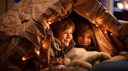 Obraz na płótnie Canvas Children play at home in a self-made tent house