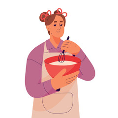 Cafe worker prepare dish. Cook with whisk mix dough in bowl. Professional chef cooking food. Hostess woman works on kitchen. Restaurant service, business. Flat isolated vector illustration on white