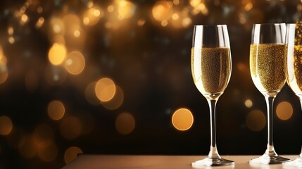 Champagne glasses on bright bokeh festive background banner