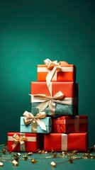 Christmas gift boxes filled on bright colored festive background banner