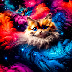 Painting of cat with blue eyes and red, orange, and blue tail.
