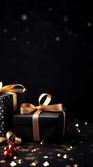 Christmas gift boxes filled on dark festive background banner