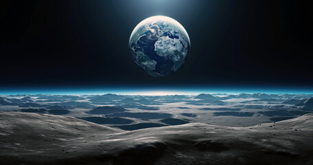 Earth and moon. View of the planet earth from moon space during at night. High quality photo - obrazy, fototapety, plakaty