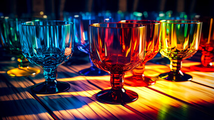 Fototapeta na wymiar Row of colorful glass cups sitting on top of wooden table next to each other.