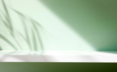 Empty shelf white marble with shadows from palm leaves on a green wall background. High quality photo