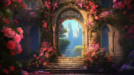 Secret Fairytale Garden: Digital Painting of Flower Arches and Vibrant Greenery