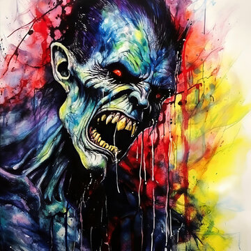 Alcohol Ink Vampire Painting.  Generated Image.  A digital illustration of a male vampire in an alcohol ink painting with bright colors.