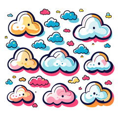 Set of cartoon clouds in different shapes and colors. 