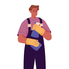 Cleaning service worker hold detergent spray, towel. Cleaner in jumpsuit, rubber gloves. Man wash home. Housework employe do cleanup. Housekeeping business. Flat isolated vector illustration on white