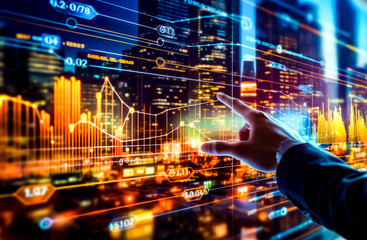 Person pointing at screen with cityscape in the background.