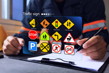 Transport staff working with traffic sign on the office table to planning transportation plan on...