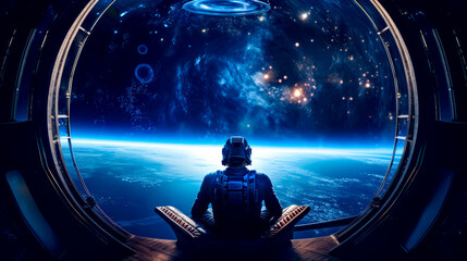 Man in space suit sitting in front of view of the earth.