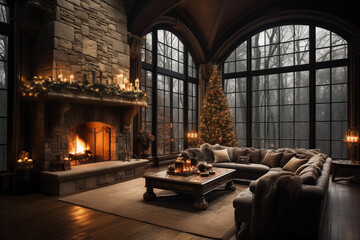 Luxury Christmas living room, winter mansion, cozy evening, Christmas tree, toned colors, 